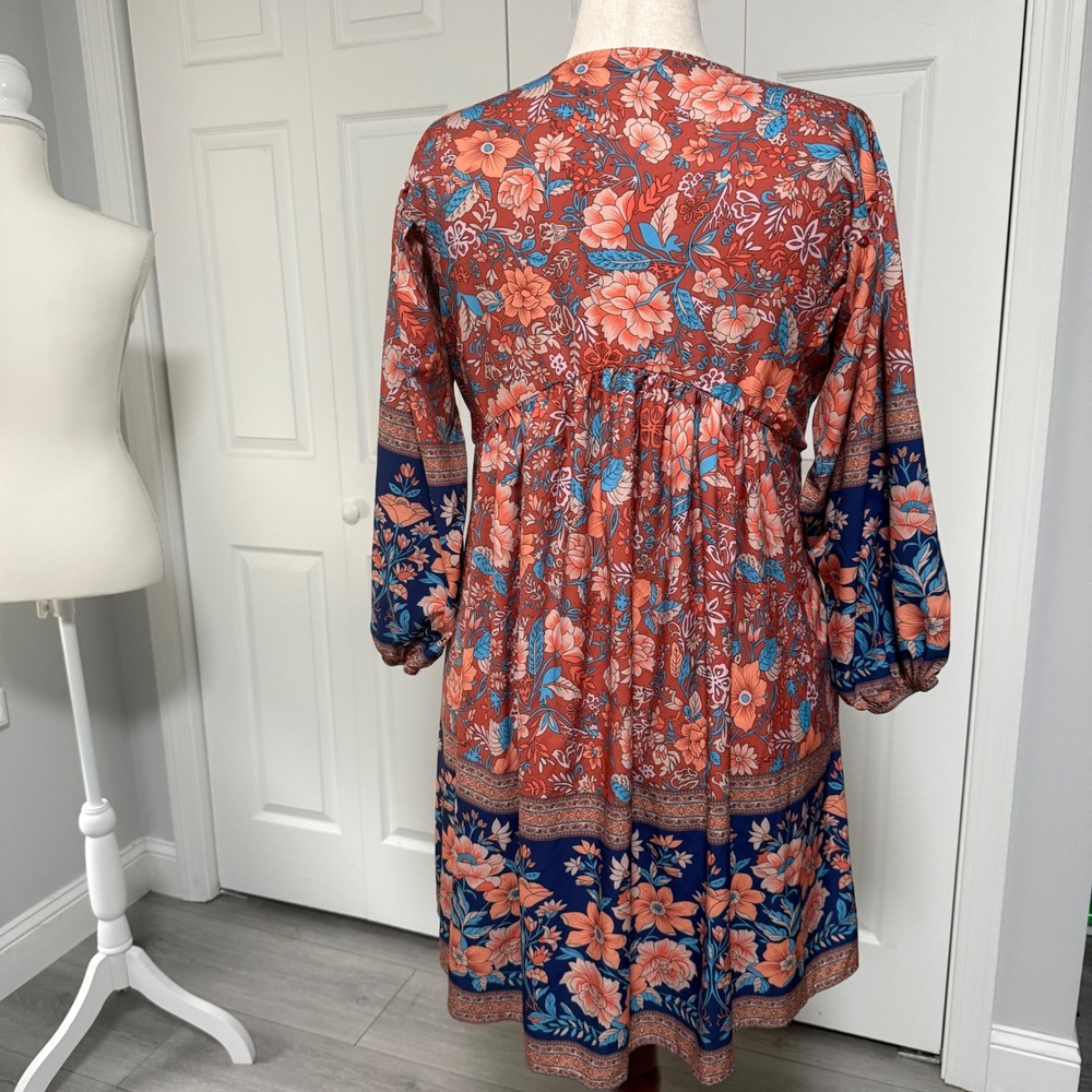 Flowy Bohemian Orange Blue Paisley Floral Mini V Neck Womens Large Dress cottage - Picture 2 of 10